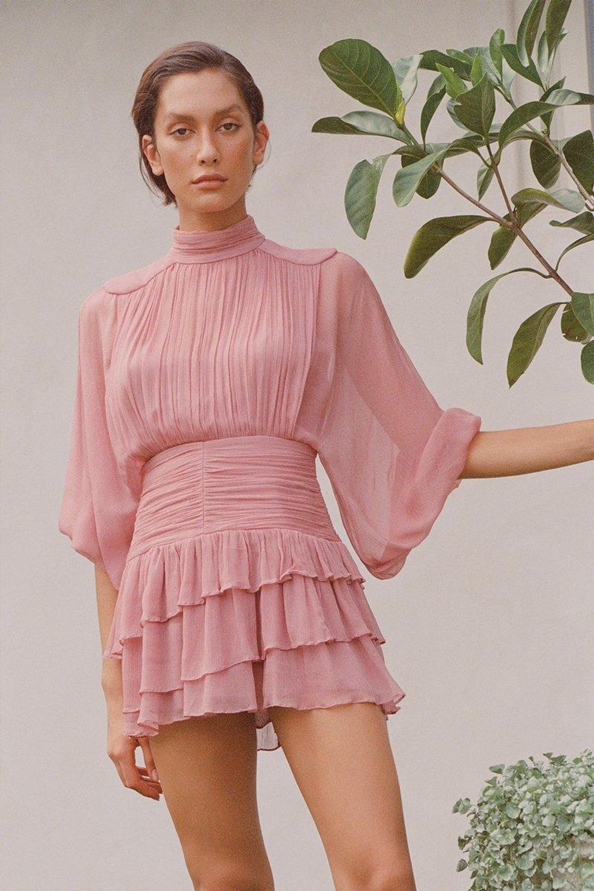 Shona Joy Olympia Long Sleeve Ruched Mini Dress Pink Size 12  for rent on The Volte - main image