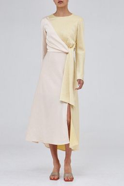 C/MEO Collective Opposite Sides Ecru & Limoncello Long Sleeve Dress Print Size 14 for rent on The Volte - image 1