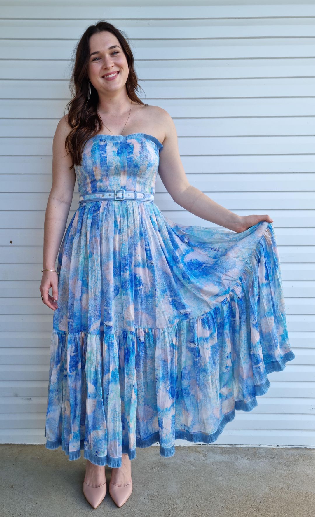 Leo and Lin Oceania Silk Linen Strapless Dress Print Size 12 for rent on The Volte - main image