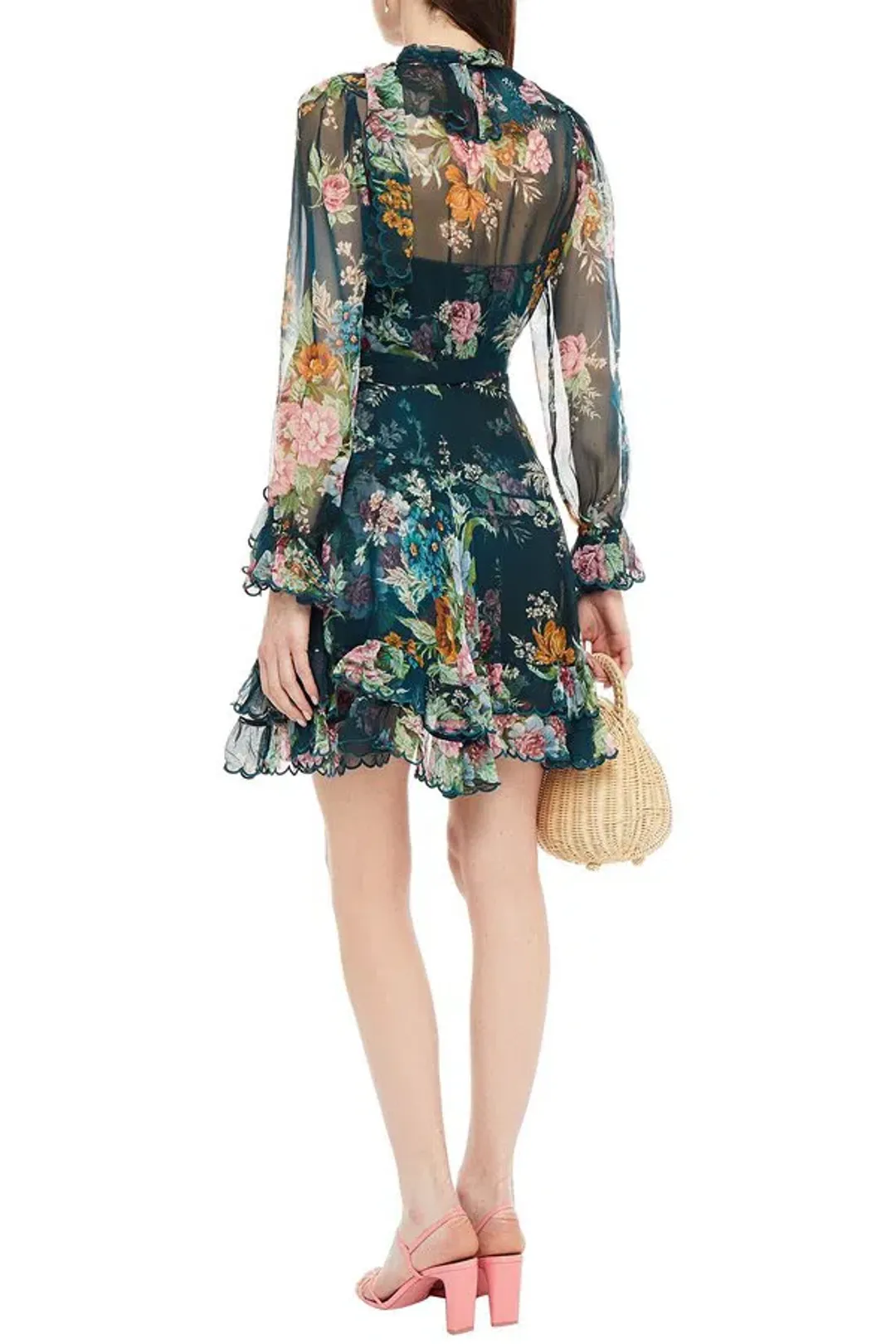 Zimmermann Wavelength Scallop Ruffled Wrap Around Mini Dress Teal Daphne Floral Print Size 1 / AU 10 for rent on The Volte - main image