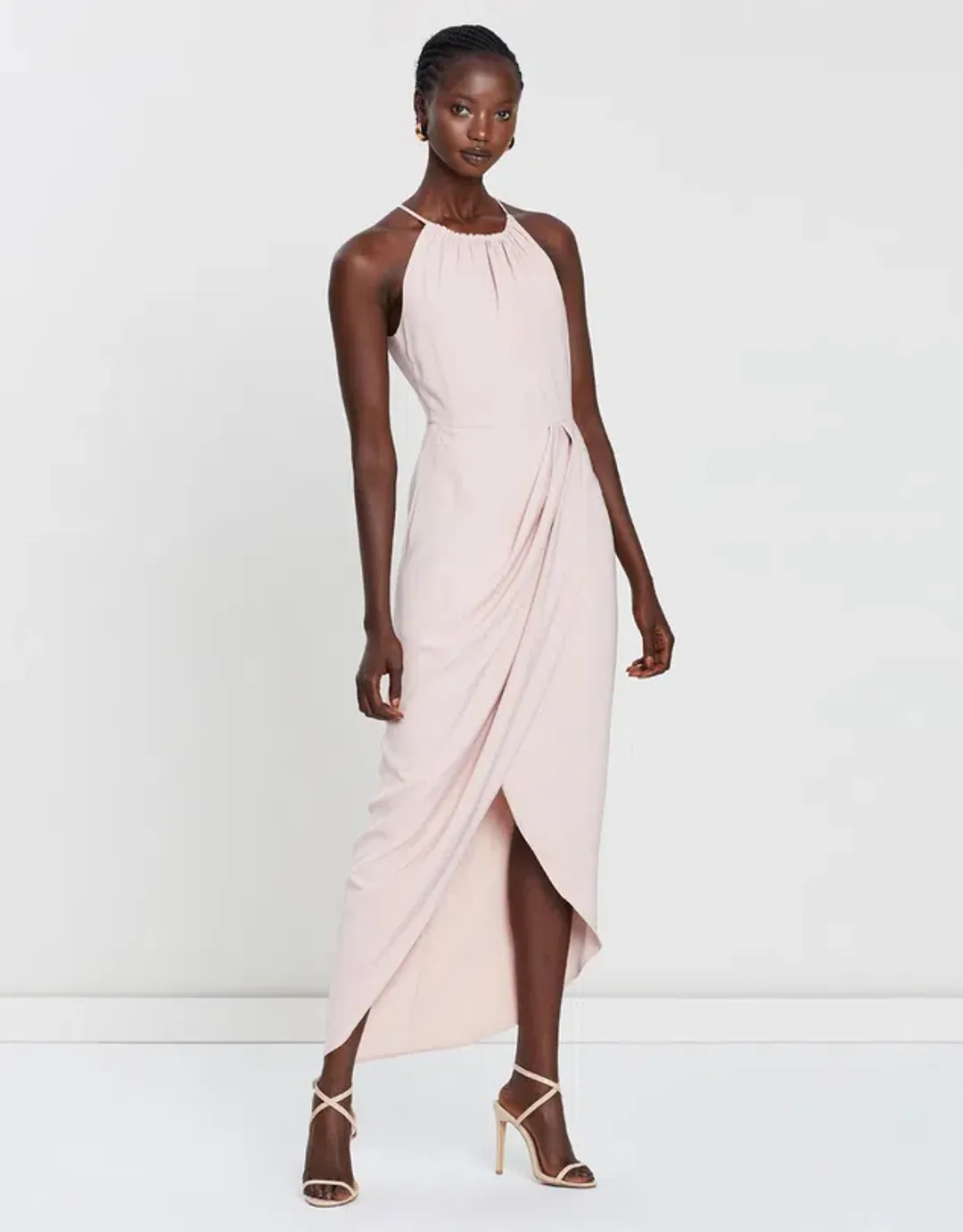 Shona Joy High Neck Ruched Midi Dress Pink Size 6 for rent on The Volte - main image