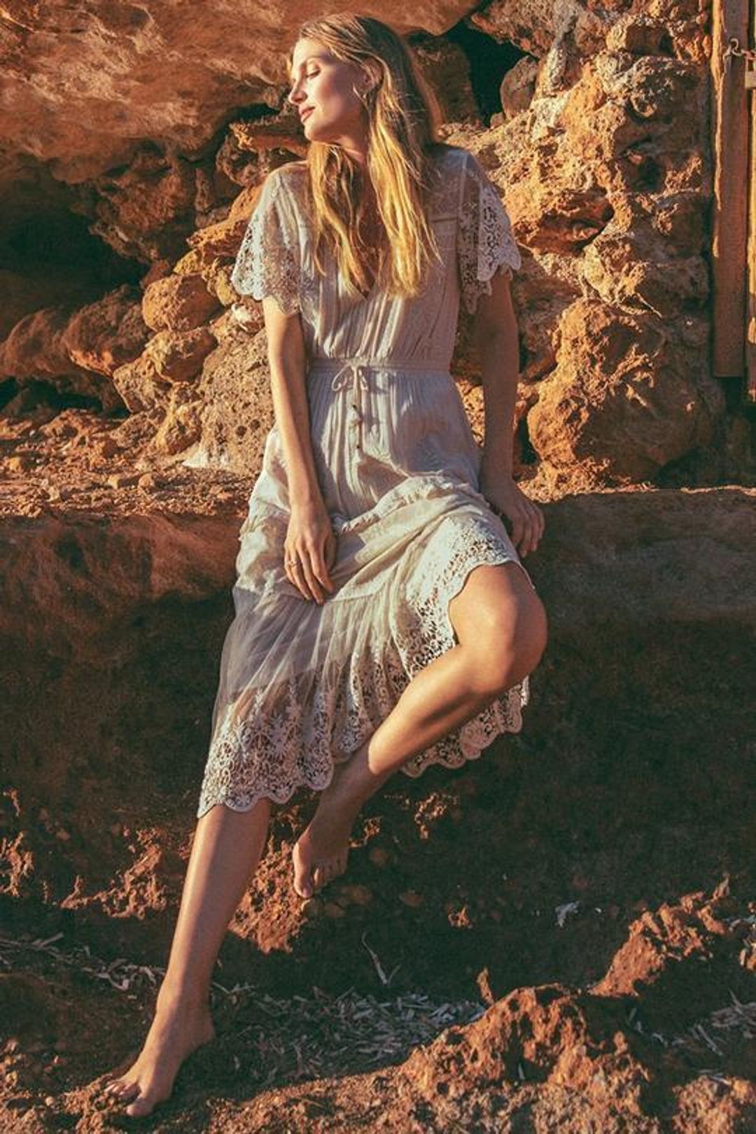 Spell Designs Maggie Embroidered Midi Dress Cream Size 10 for rent on The Volte - main image