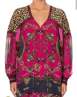 Camilla Dining Hall Darling Blouson Blouse With Neck Tie and Asymmetrical Ruffle Skirt Set Print Size 12 for rent on The Volte - image 3