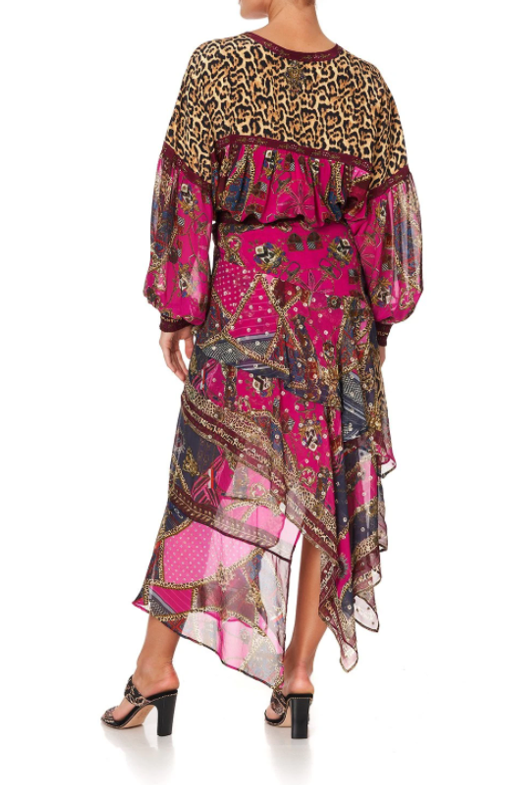 Camilla Dining Hall Darling Blouson Blouse With Neck Tie and Asymmetrical Ruffle Skirt Set Print Size 12 for rent on The Volte - main image