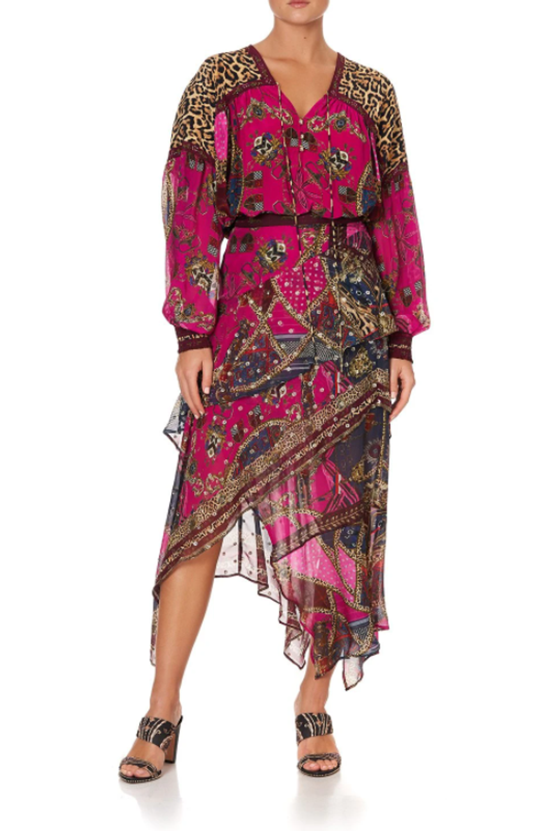 Camilla Dining Hall Darling Blouson Blouse With Neck Tie and Asymmetrical Ruffle Skirt Set Print Size 12 for rent on The Volte - main image