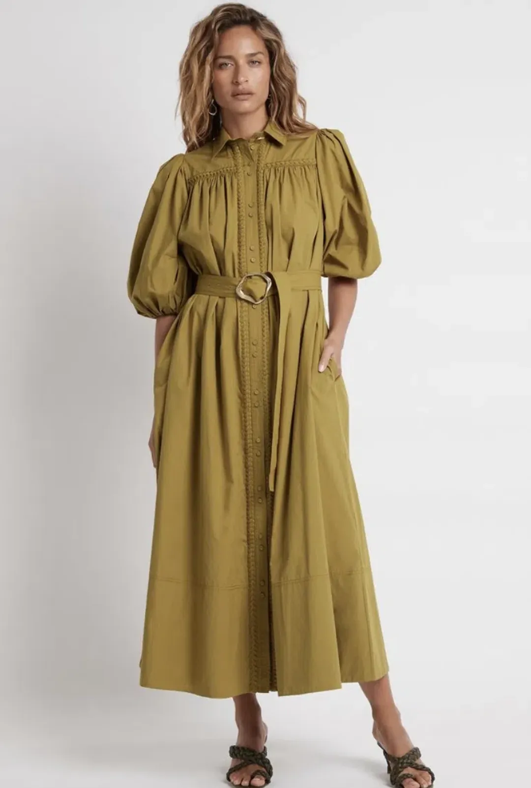 Aje Casabianca Puff Sleeve Shirt Dress in Olive Green - Size 6 for rent on The Volte - main image