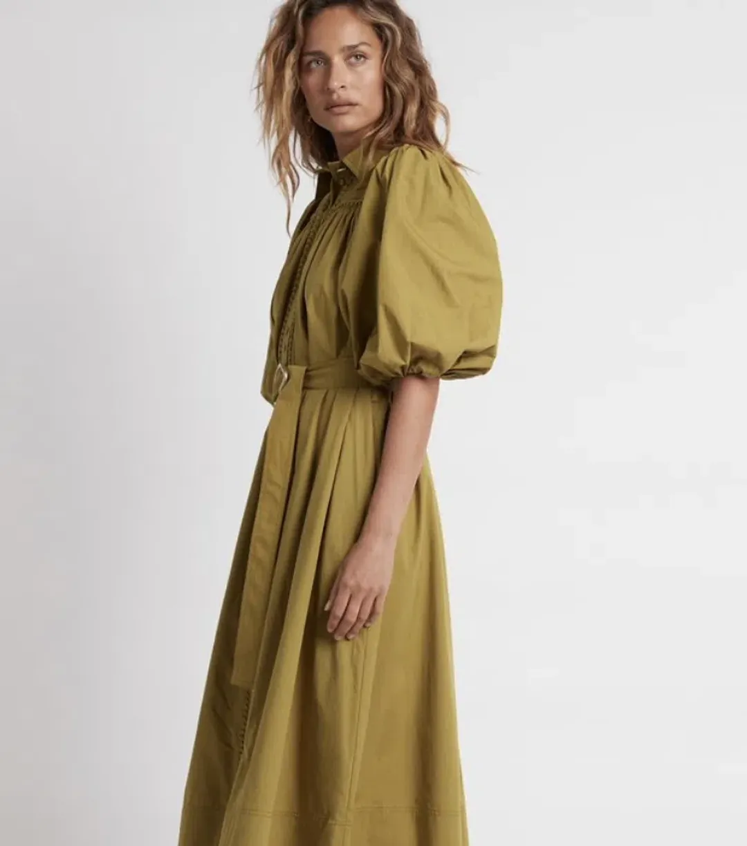 Aje Casabianca Puff Sleeve Shirt Dress in Olive Green - Size 6 for rent on The Volte - main image