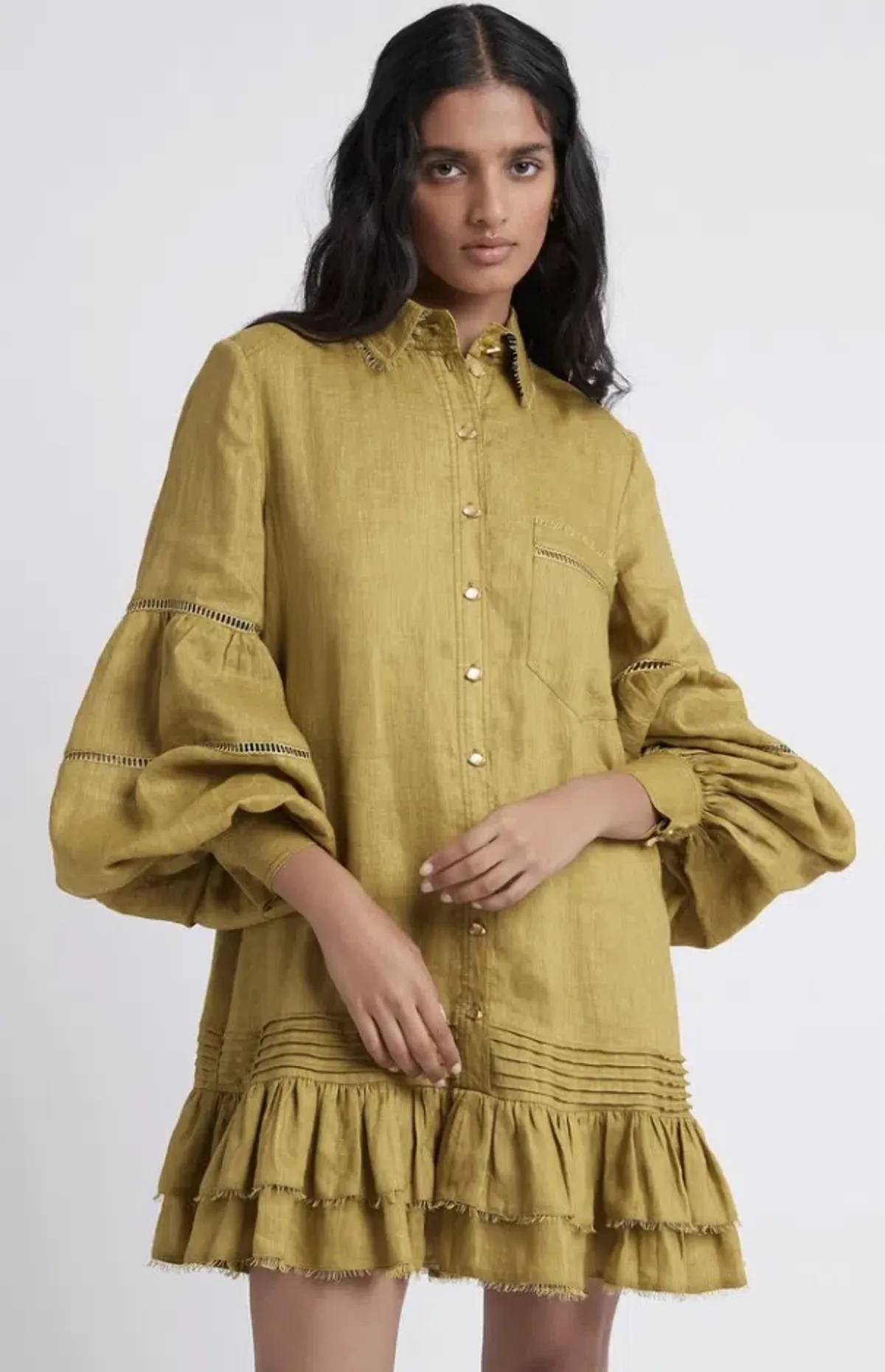 Aje Lotus Shirt Dress in Olive Green - Size 6 for rent on The Volte - main image
