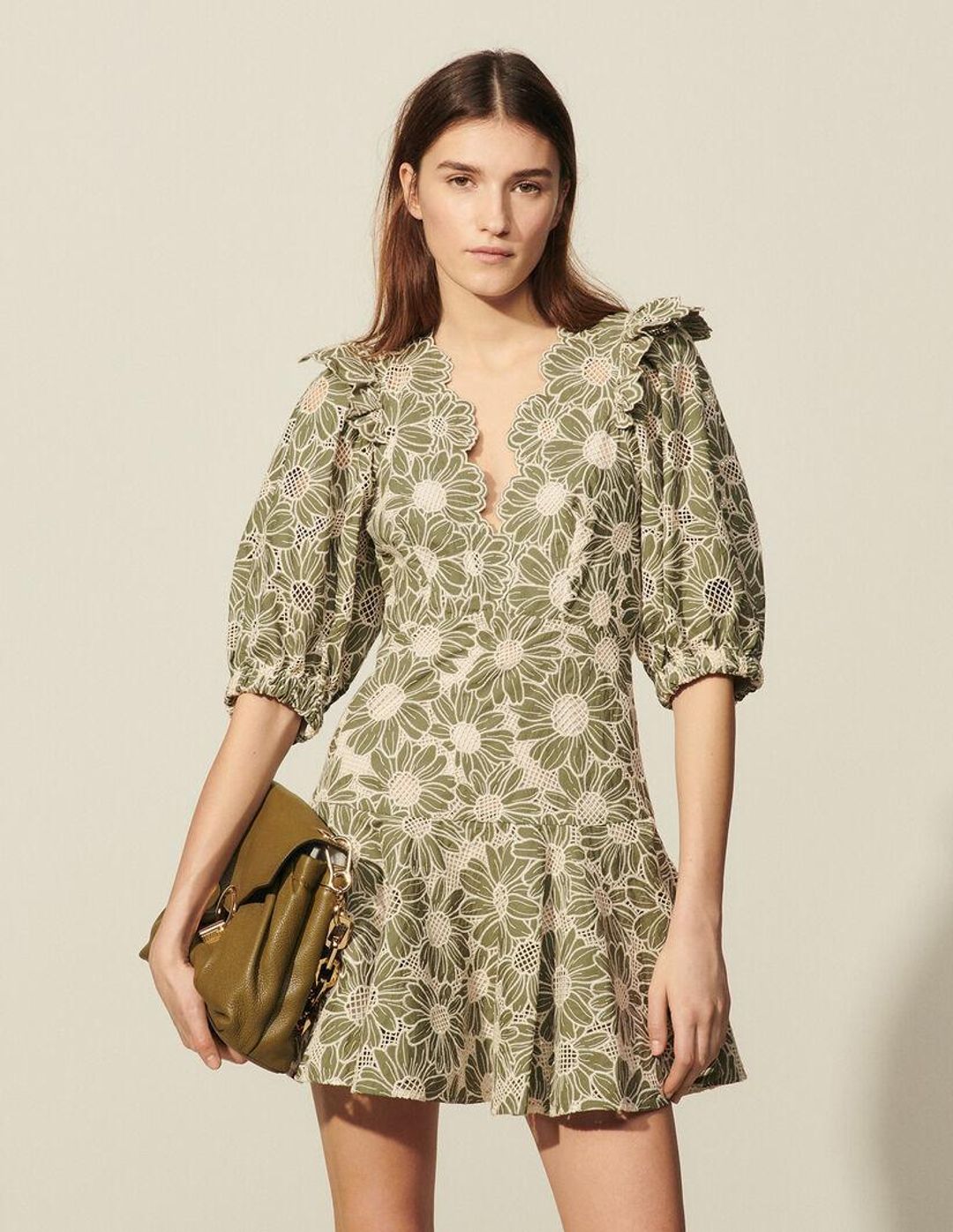 SANDRO embroidered floral green mini dress for rent on The Volte - main image
