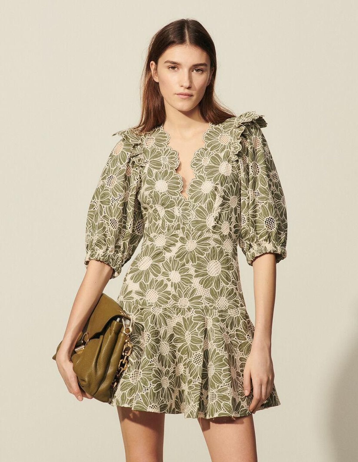 SANDRO embroidered floral green mini dress for rent on The Volte - main image
