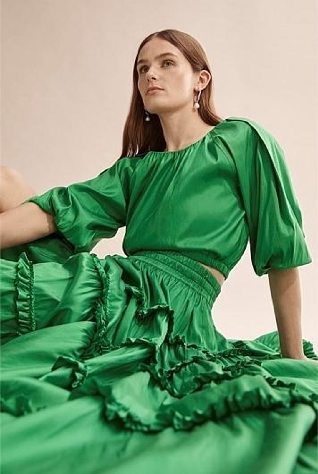 Country Road Green Silk Tiered Skirt Size 8  (Never worn) for rent on The Volte - main image