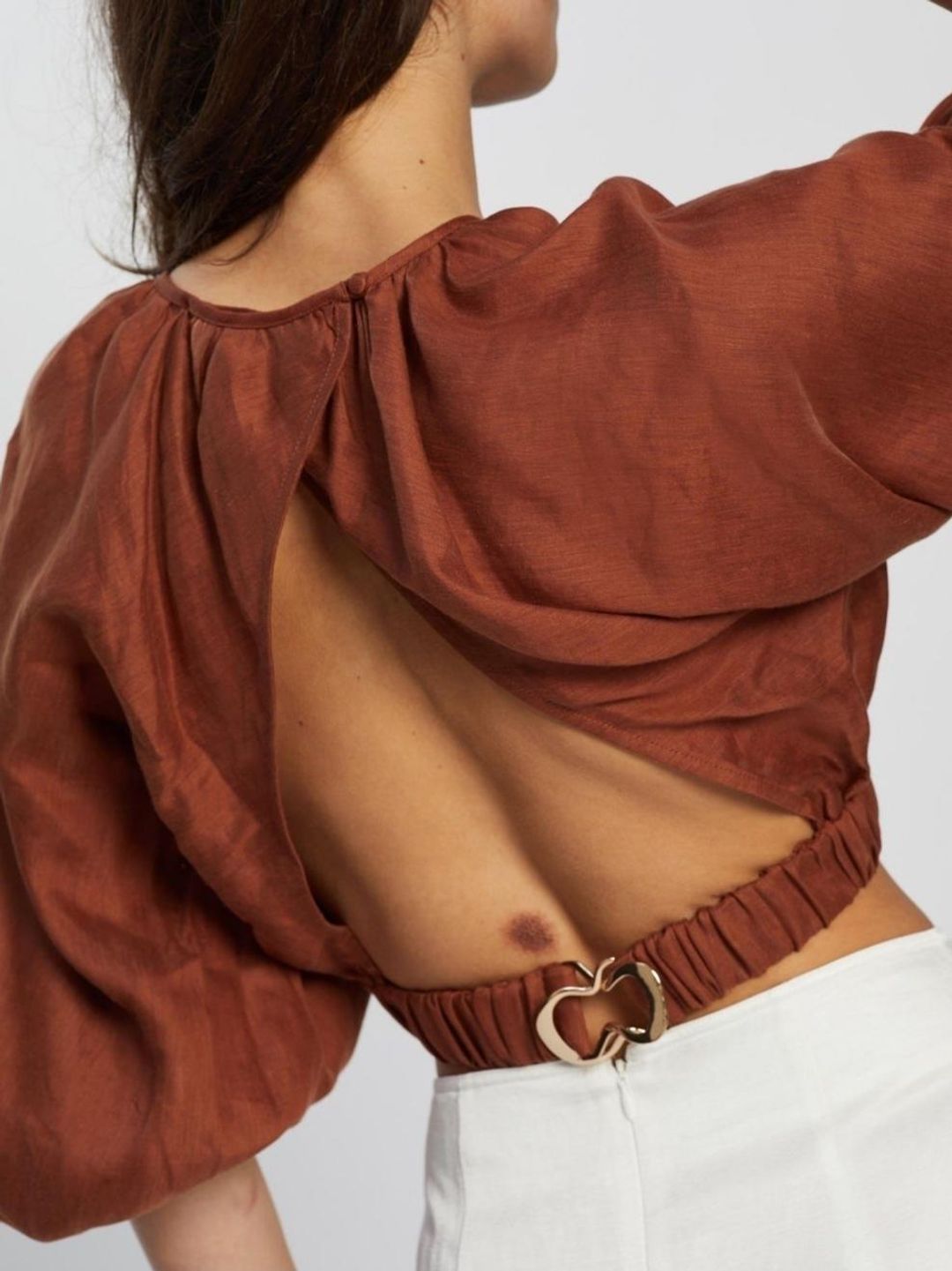 Shona Joy Elsa Balloon Sleeve Crop Top Brown Size 12 for rent on The Volte - main image