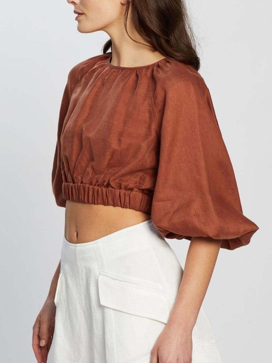 Shona Joy Elsa Balloon Sleeve Crop Top Brown Size 12 for rent on The Volte - main image