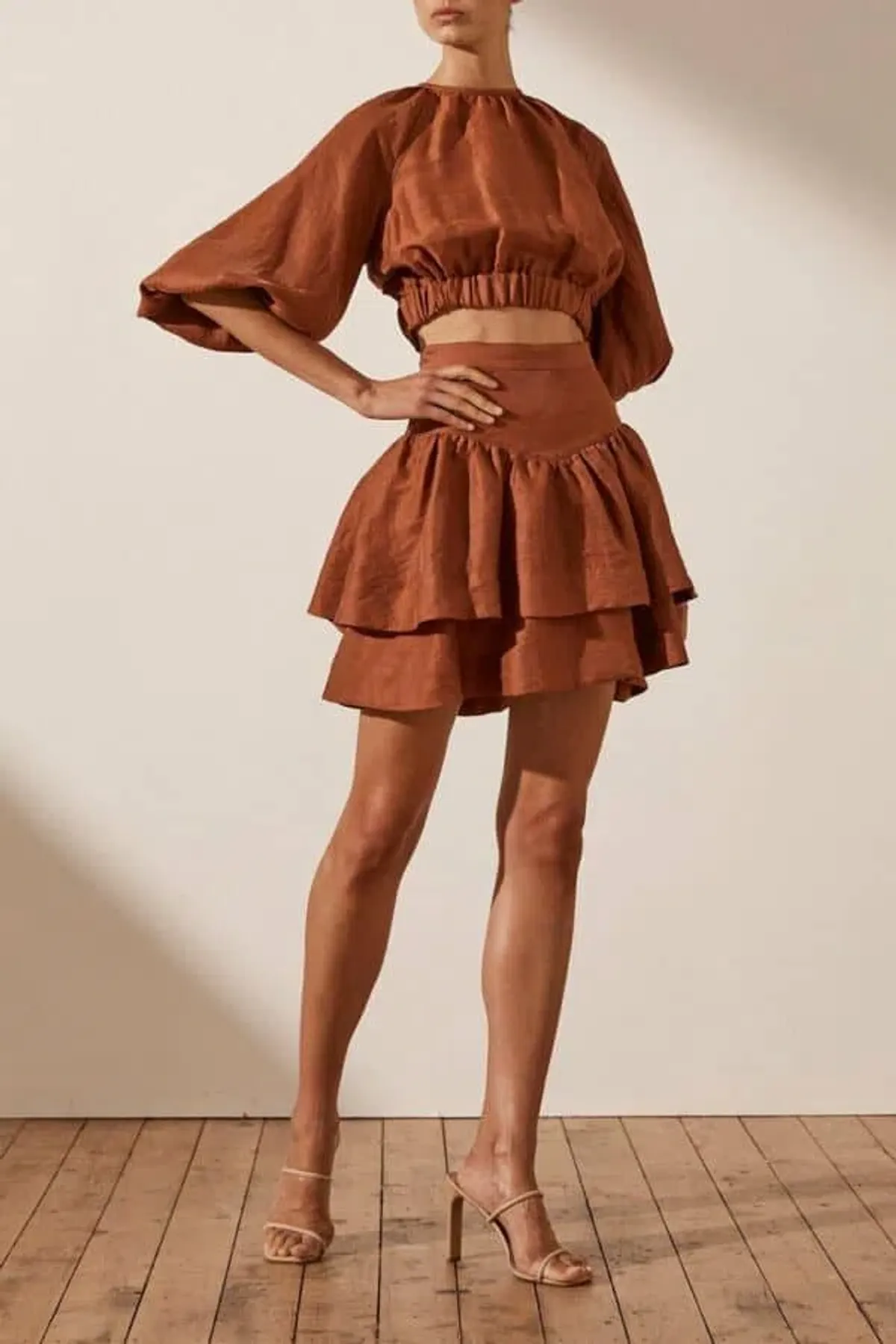 Shona Joy Elsa Balloon Sleeve Crop Top Brown Size 12 for rent on The Volte - main image