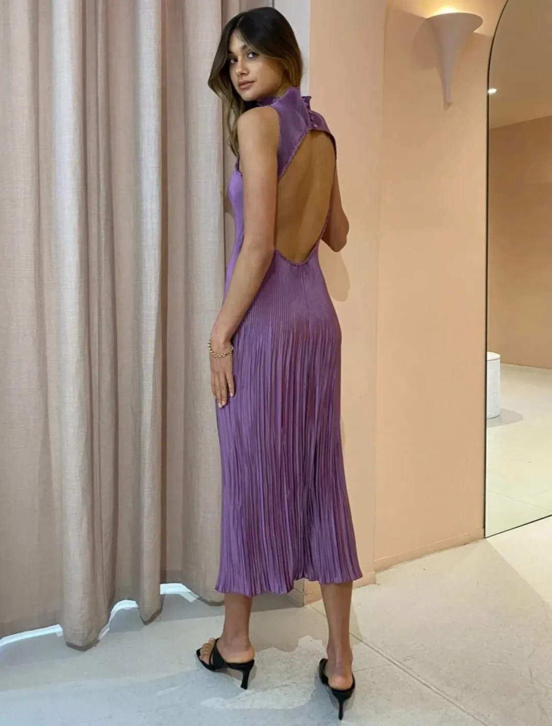 L'Idee Soiree Backless High Neck Gown in Mauve Size 12 for rent on The Volte - main image
