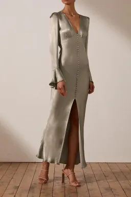 Shona Joy LA LUNE FRILL CUFF BIAS MIDI DRESS - SAGE for rent on The Volte - image 1