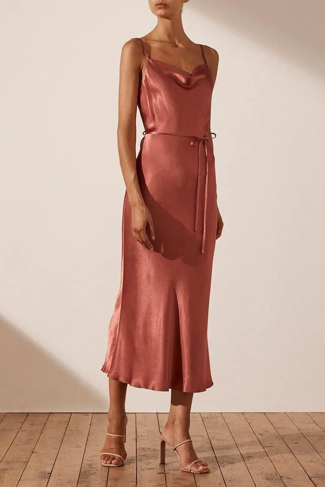 Shona Joy La Lune Bias Cowl Midi Dress Terracotta Size 8 for rent on The Volte - main image
