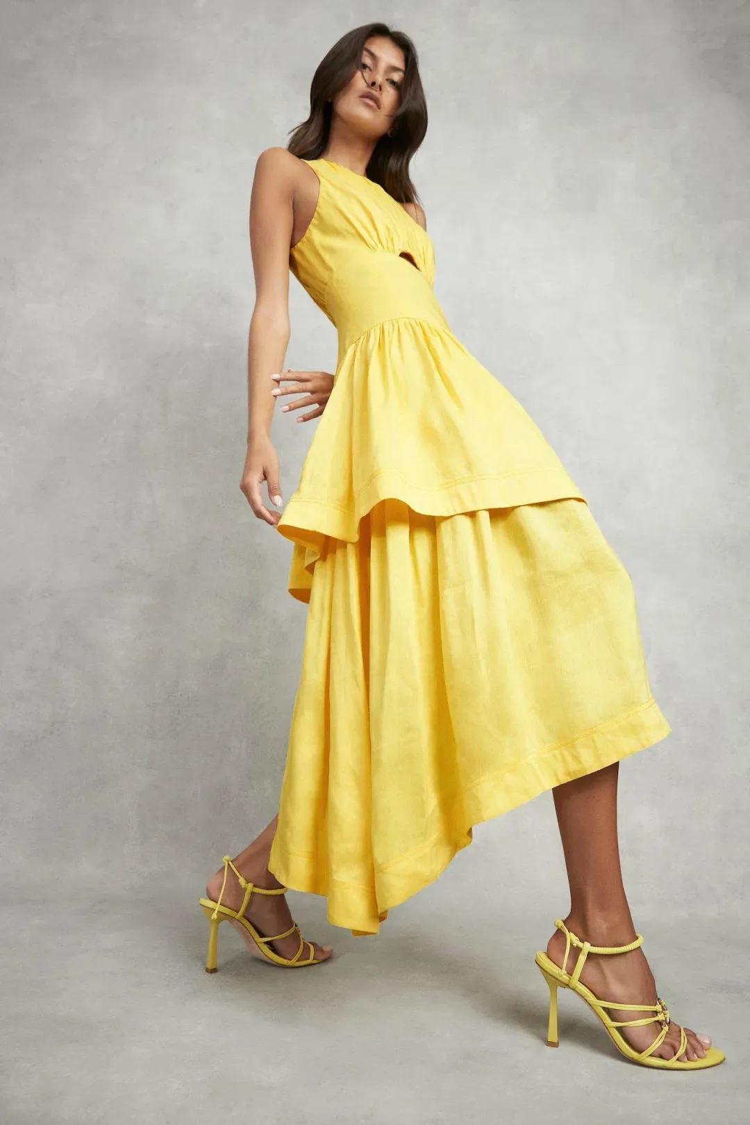 Aje Caliente Tiered Cut Out Dress Yellow Size 8 for rent on The Volte - main image