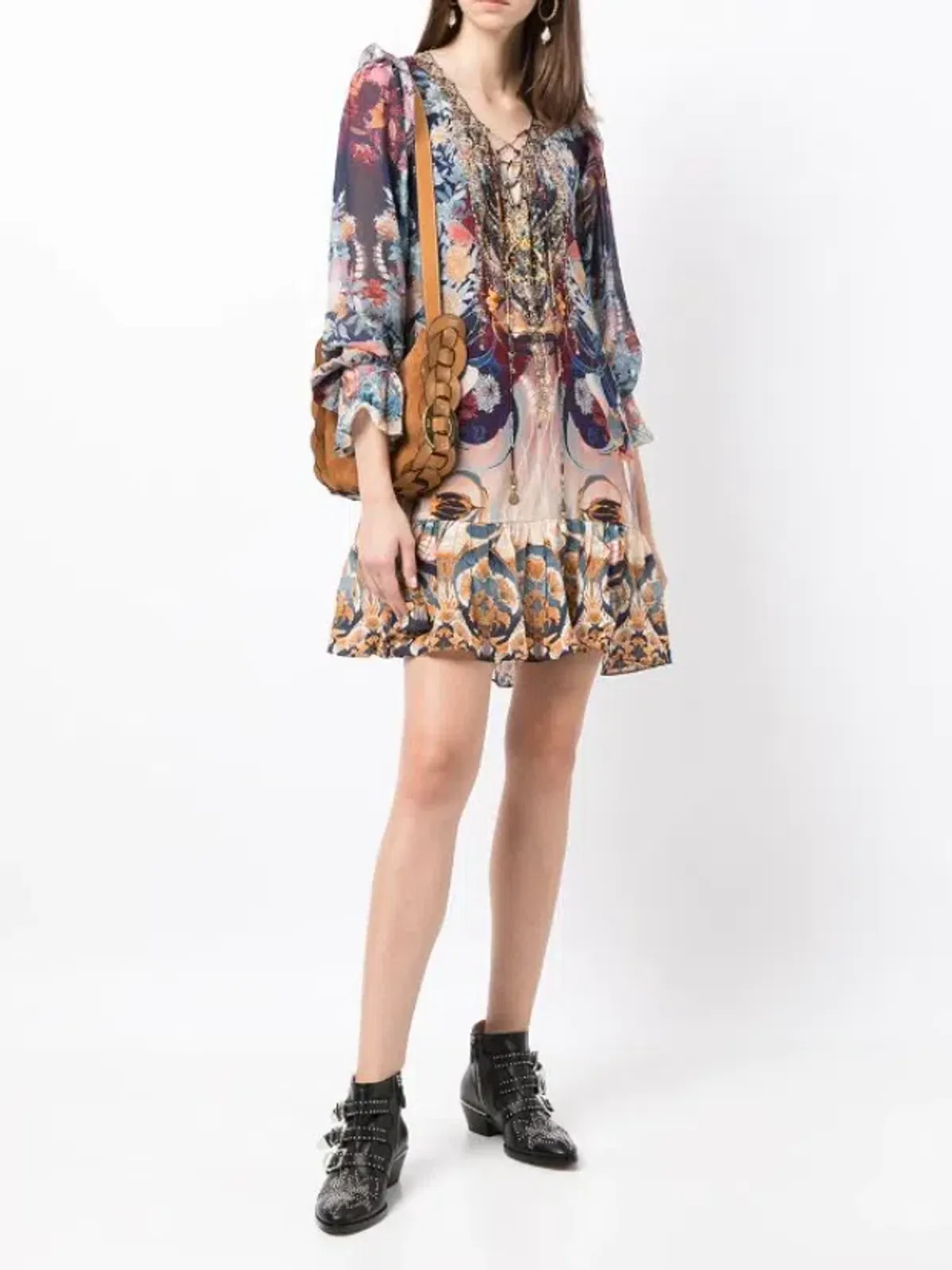 Camilla Nouveau Nights Ruffle Lace Up Dress Print Size XXL for rent on The Volte - main image