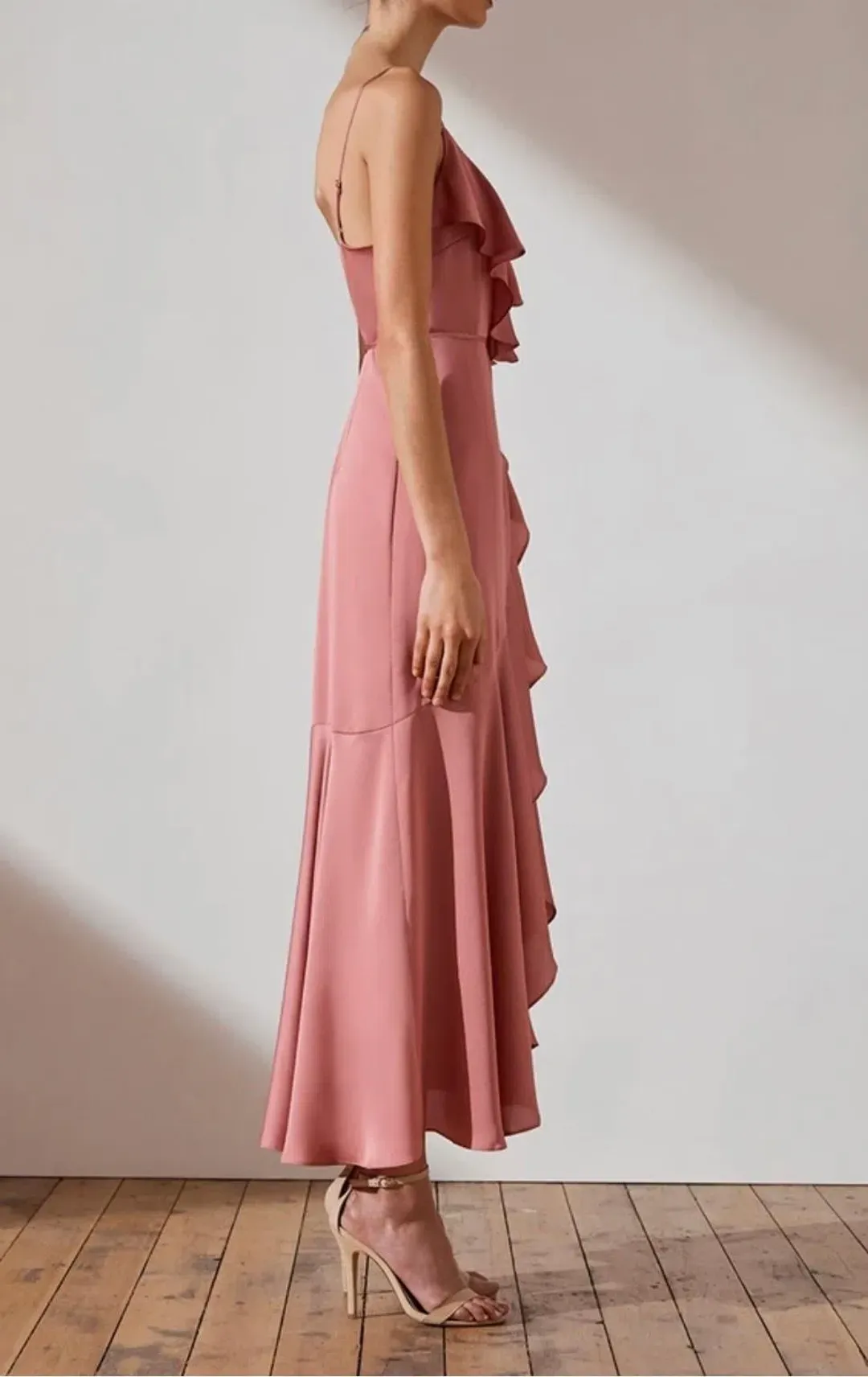 Shona Joy Luxe Bias Frill Wrap Dress Rose Size 8 for rent on The Volte - main image