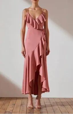 Shona Joy Luxe Bias Frill Wrap Dress Rose Size 8 for rent on The Volte - image 1