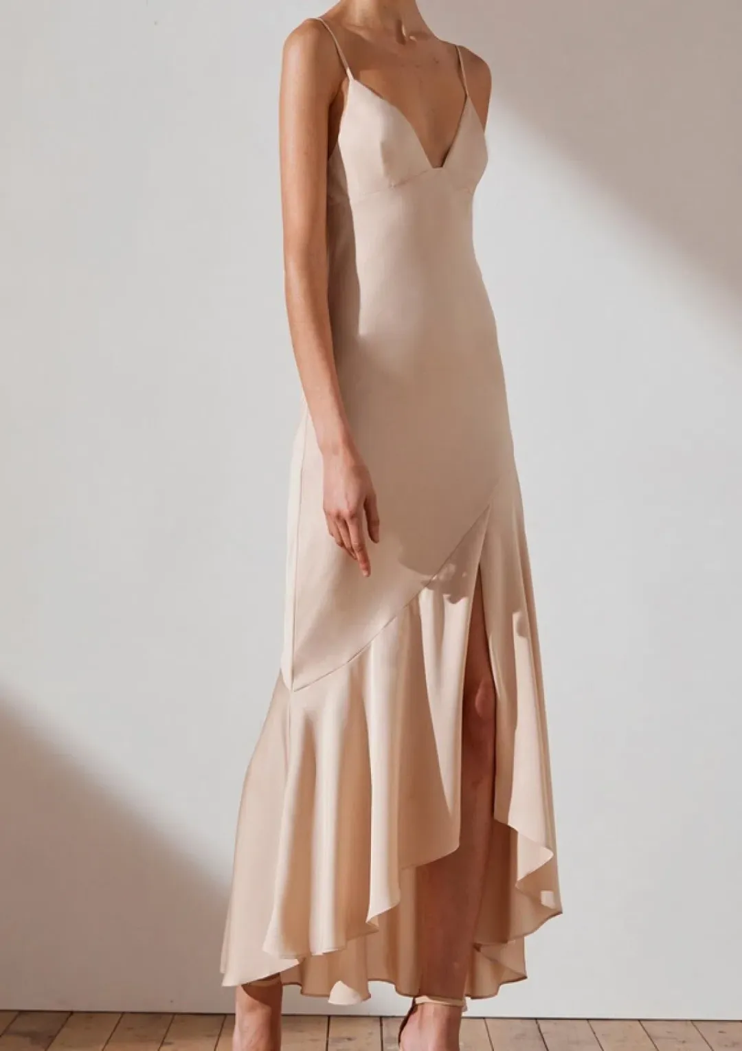 Shona Joy Luxe Bias Asymmetrical Slip Dress Champagne Size 6 for rent on The Volte - main image