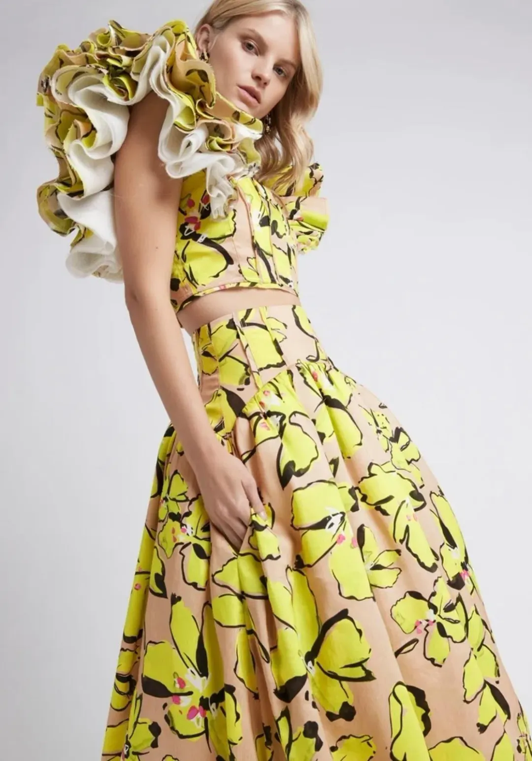 Aje Pelicano Citrus Bloom Midi Skirt and Frill Cropped Top Set Print Size 8 for rent on The Volte - main image
