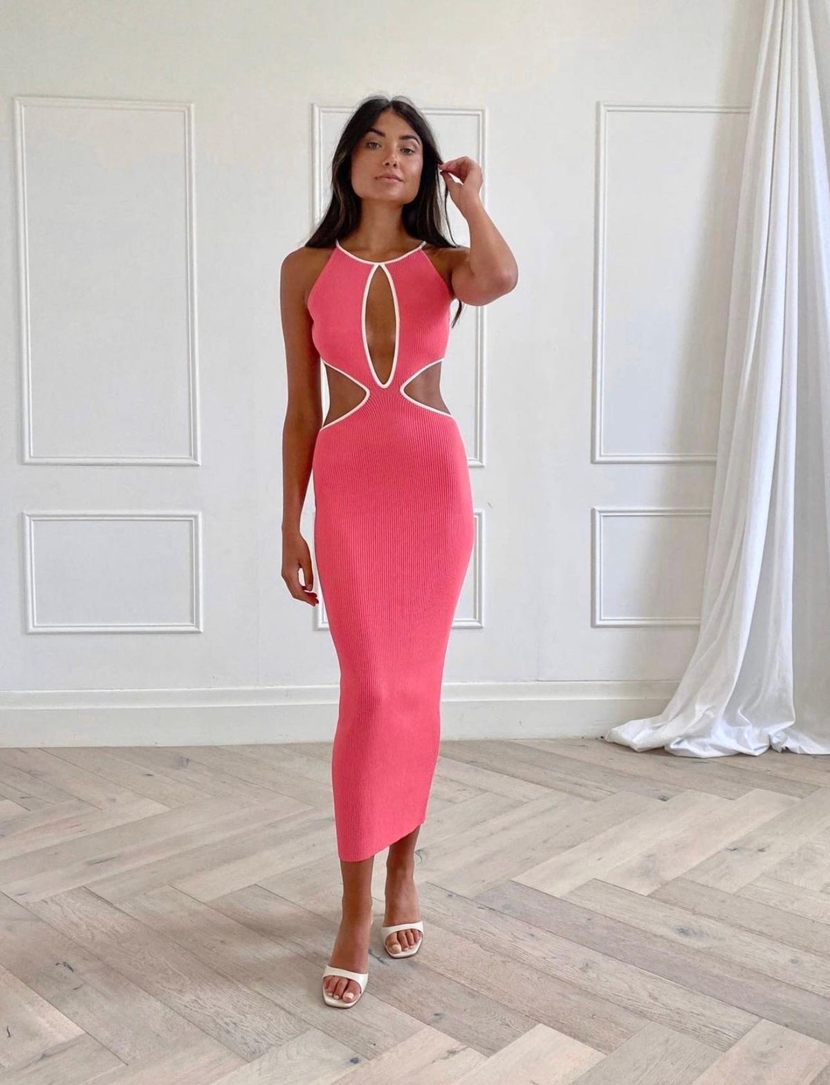 San Sloane Adrian Rib Midi Dress Coral-White Size 6  for rent on The Volte - main image