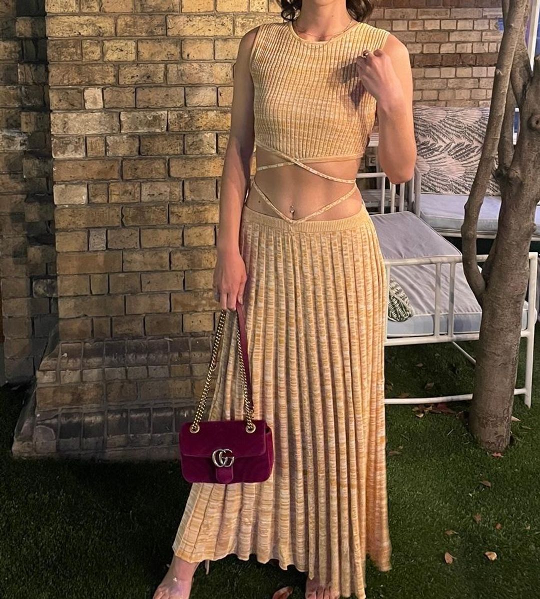 Christopher Esber Sleeveless Knit Tie Crop Top and Pleated Knit Tie Skirt Set Dune Marle Size 6 for rent on The Volte - main image