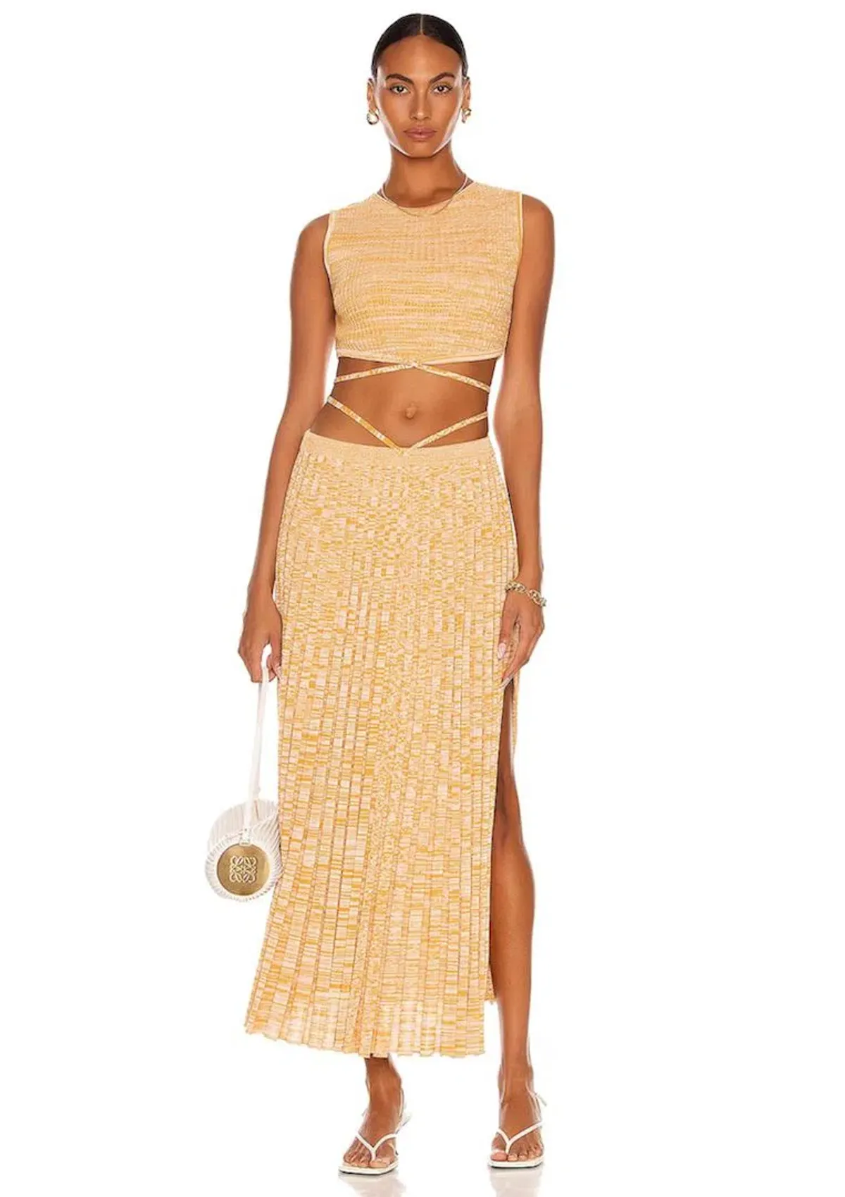 Christopher Esber Sleeveless Knit Tie Crop Top and Pleated Knit Tie Skirt Set Dune Marle Size 6 for rent on The Volte - main image
