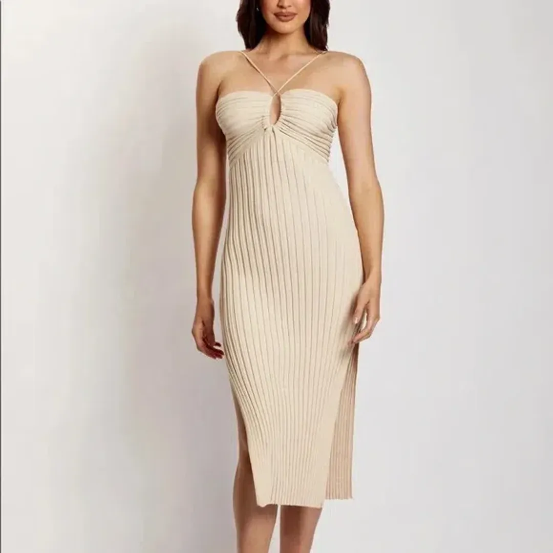 Meshki Lori Ruched Front Knit Midi Dress Champagne Size S for rent on The Volte - main image