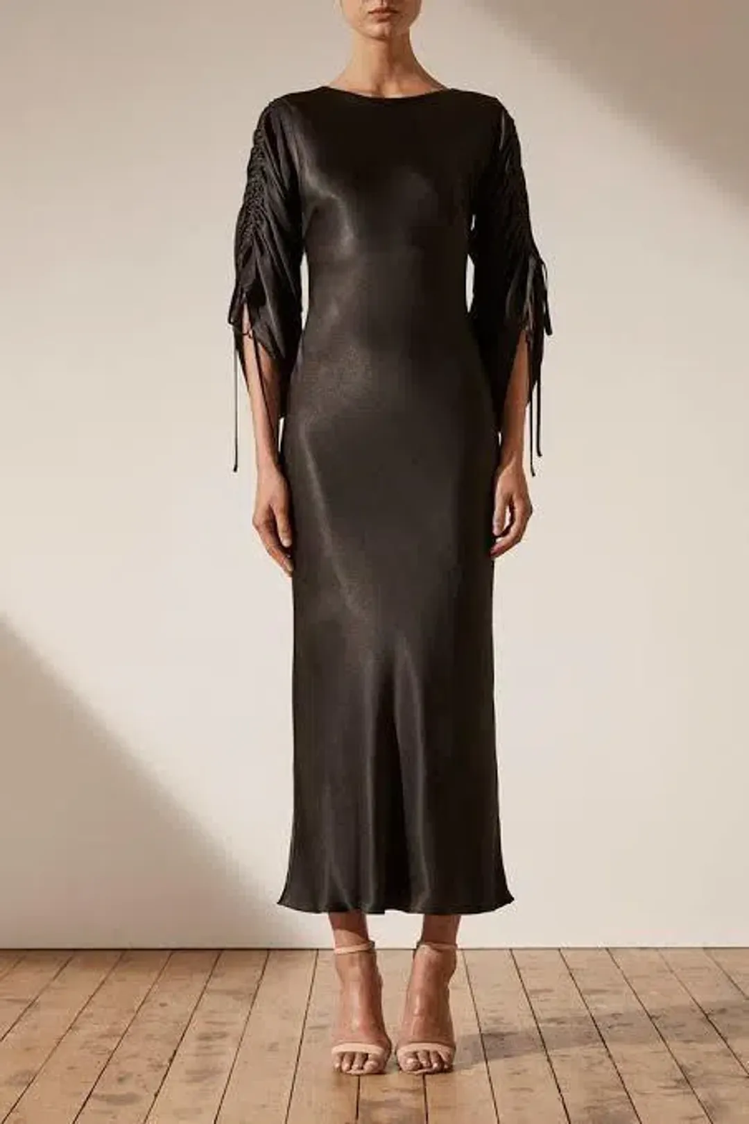 Shona Joy Wright Ruched Sleeve Midi Black Dress Size 8  for rent on The Volte - main image