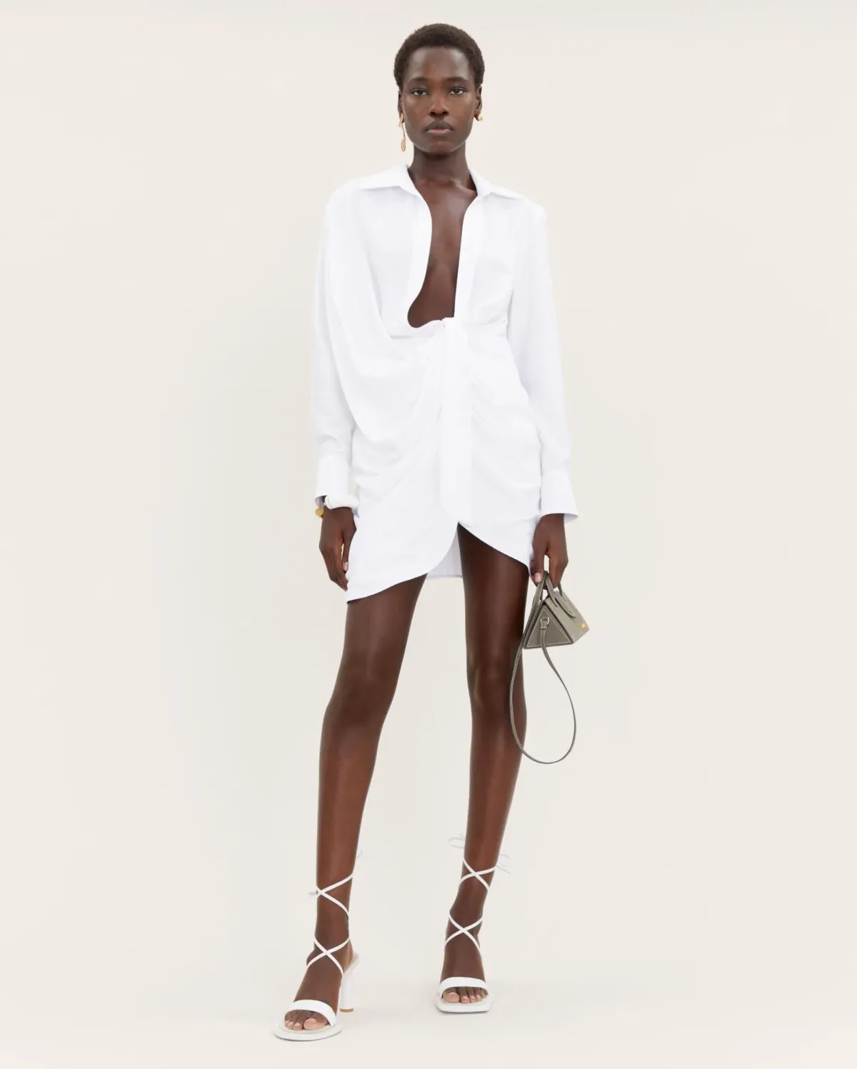 Jacquemus La Robe Bahia Knotted Draped Shirt Dress White Size 8  for rent on The Volte - main image