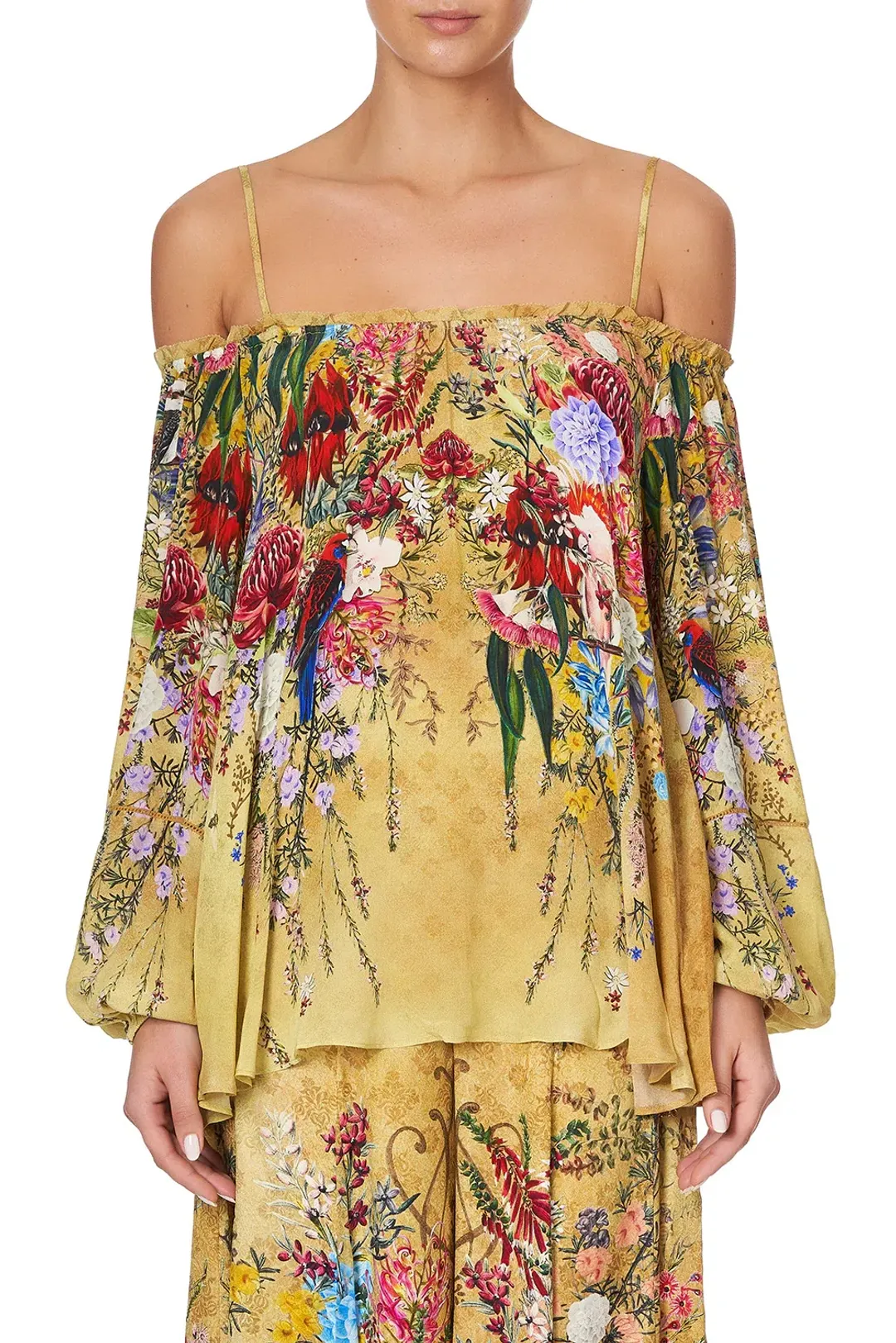 Camilla Among the Gumtrees Off Shoulder Halter Top and Maxi Skirt With Double Frill Set Print Size L  for rent on The Volte - main image