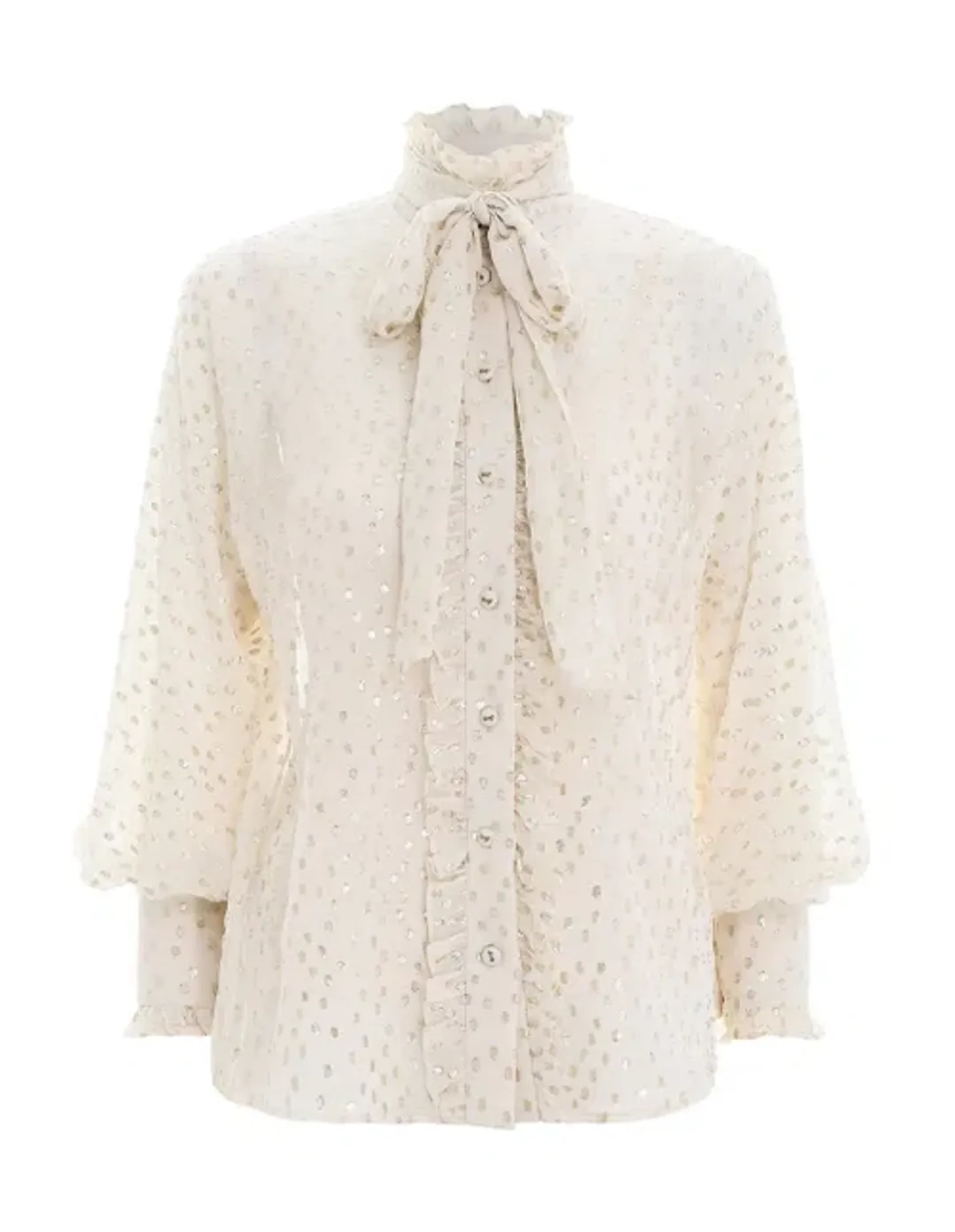 Zimmermann Lurex Spot Blouse and Dot Wrap Skirt Cream Gold Size 0 / AU 8 for rent on The Volte - main image