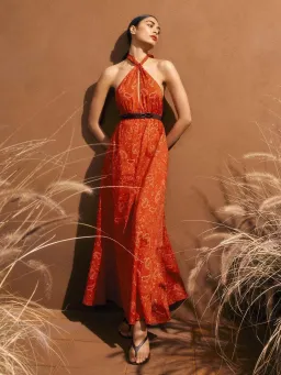 Scanlan Theodore Cotton Paisley Halter Dress Red Size AU 6 for rent on The Volte - image 1