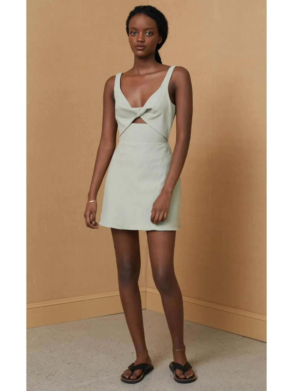 Bec & Bridge Phoebe Sleeveless Mini Dress Khaki Size AU 6 for rent on The Volte - main image