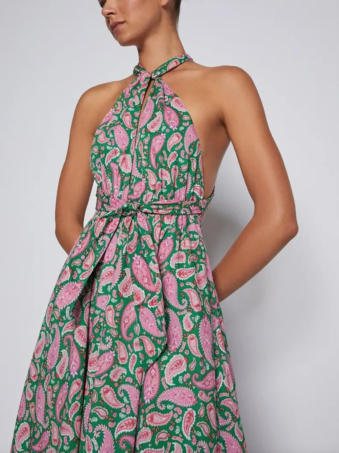 Scanlan Theodore Cotton Paisley Halter Dress Kelly Green Size 8 for rent on The Volte - main image