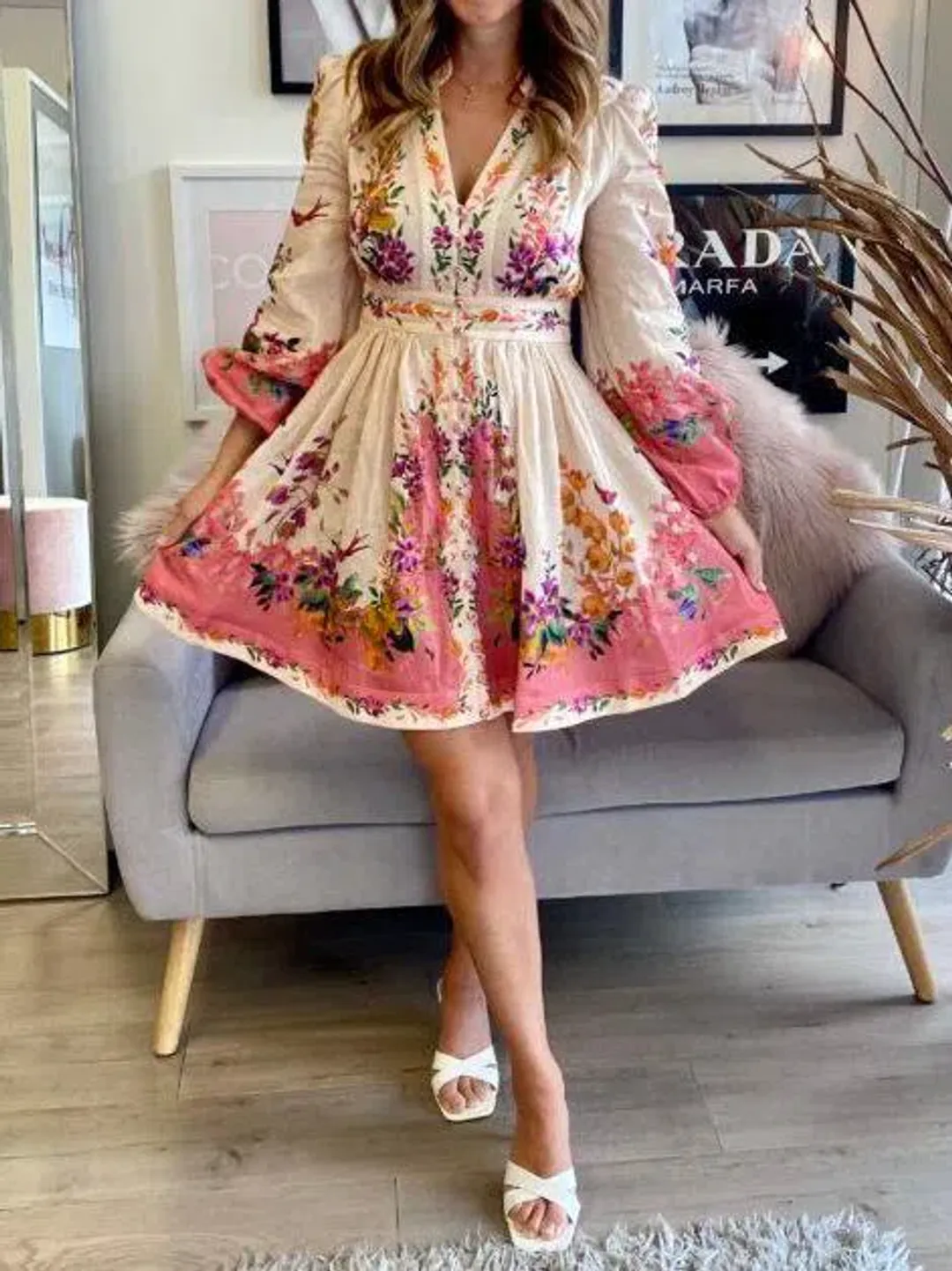 Zimmermann Tropicana Plunge Mini Dress Cream Floral Size 1 / AU 10 for rent on The Volte - main image