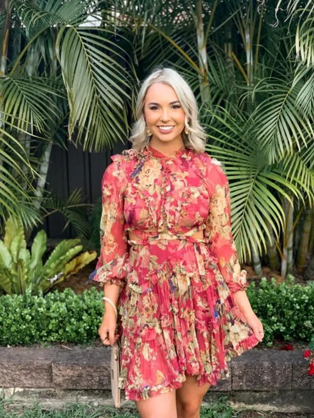 Zimmermann Melody Lace Up Short Dress Burgundy/Floral Size 6 for rent on The Volte - main image