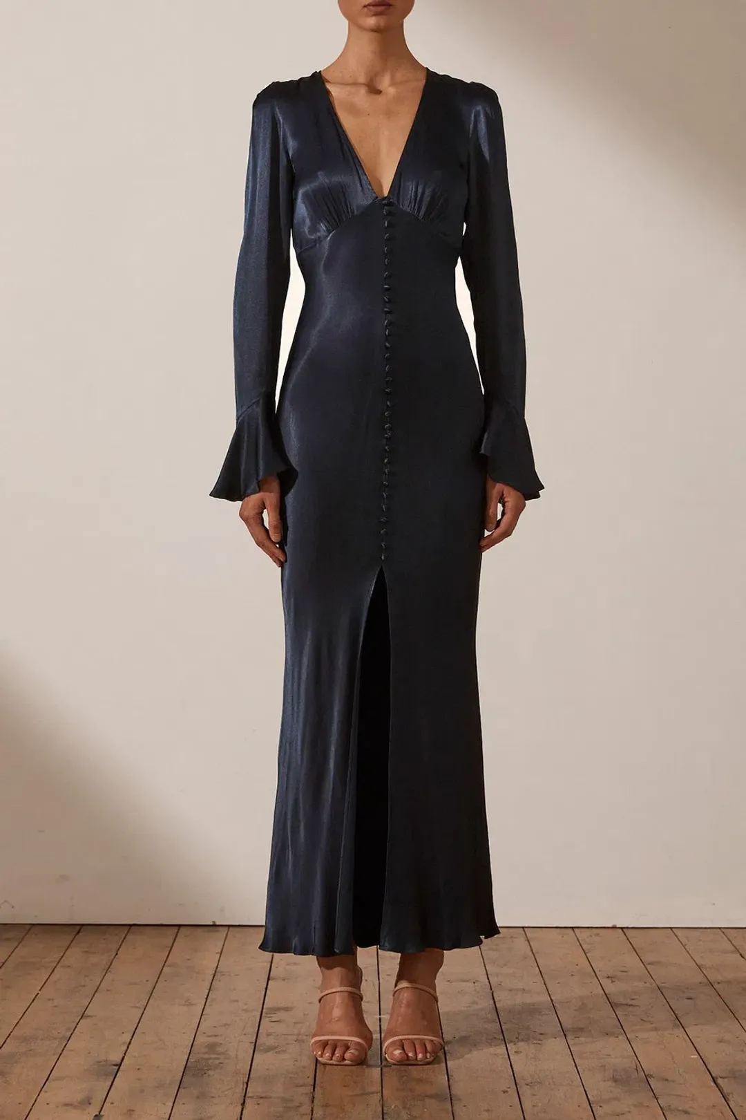 Shona Joy La Lune Frill Cuff Bias Midi Dress Midnight Size 8 for rent on The Volte - main image