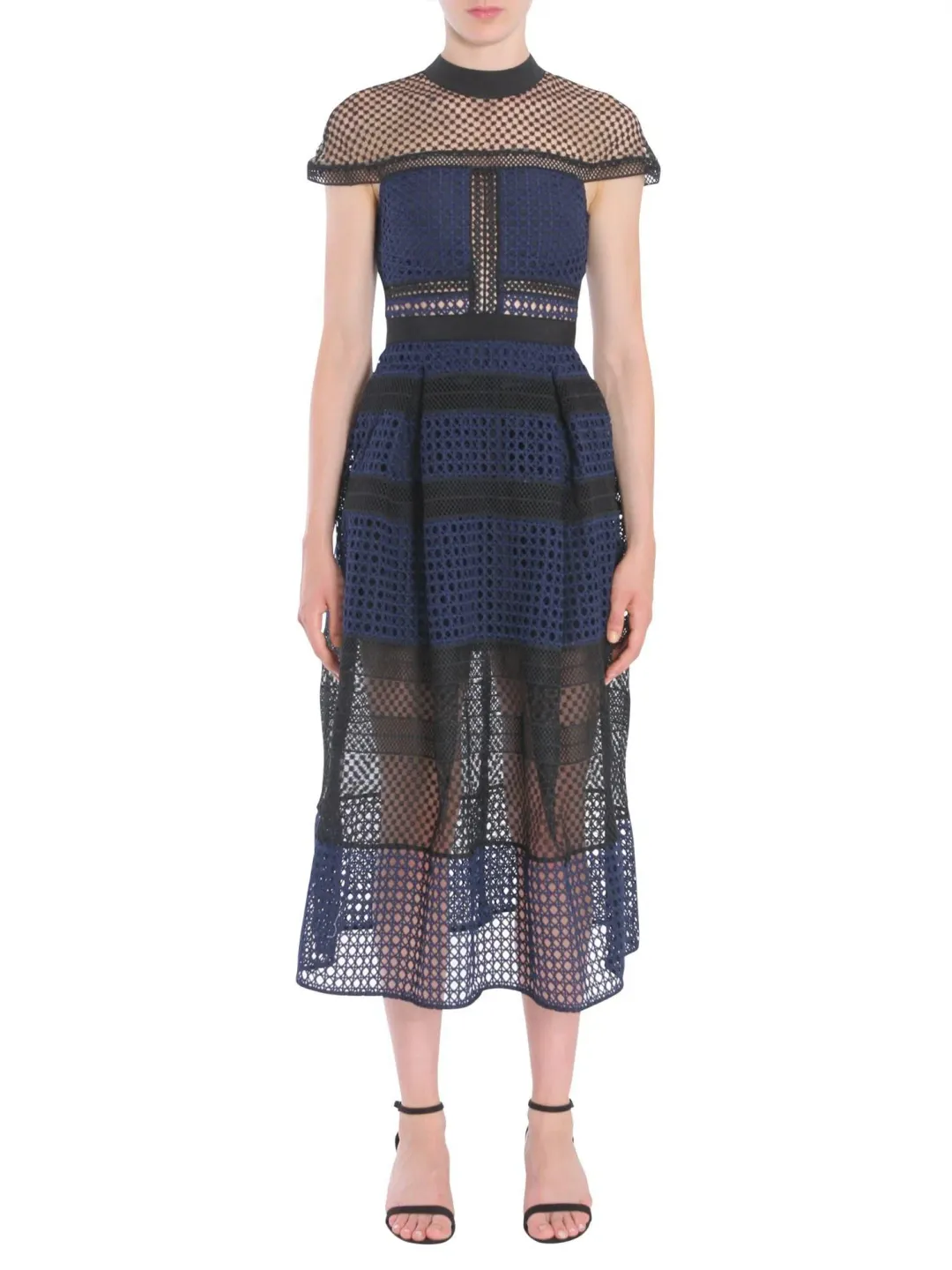 Self Portrait Crosshatch Midi Guipure Lace Dress Navy Size 8 for rent on The Volte - main image