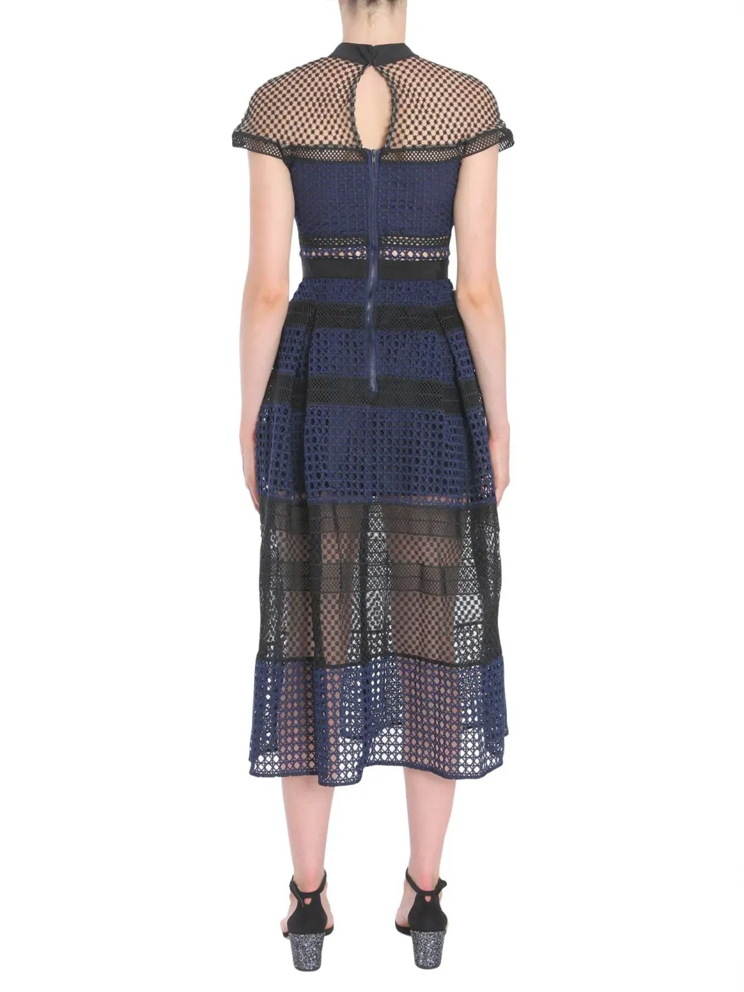 Self Portrait Crosshatch Midi Guipure Lace Dress Navy Size 8 for rent on The Volte - main image