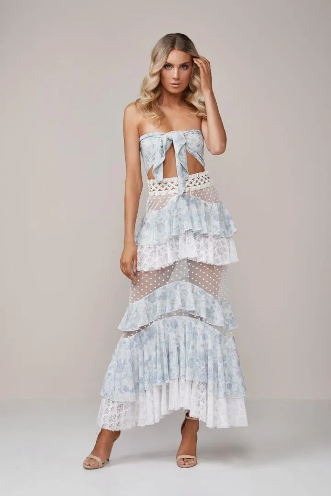 Ixiah the Label Outlaw Beaded Skirt and Bandeau Set Blue Size Small for rent on The Volte - main image