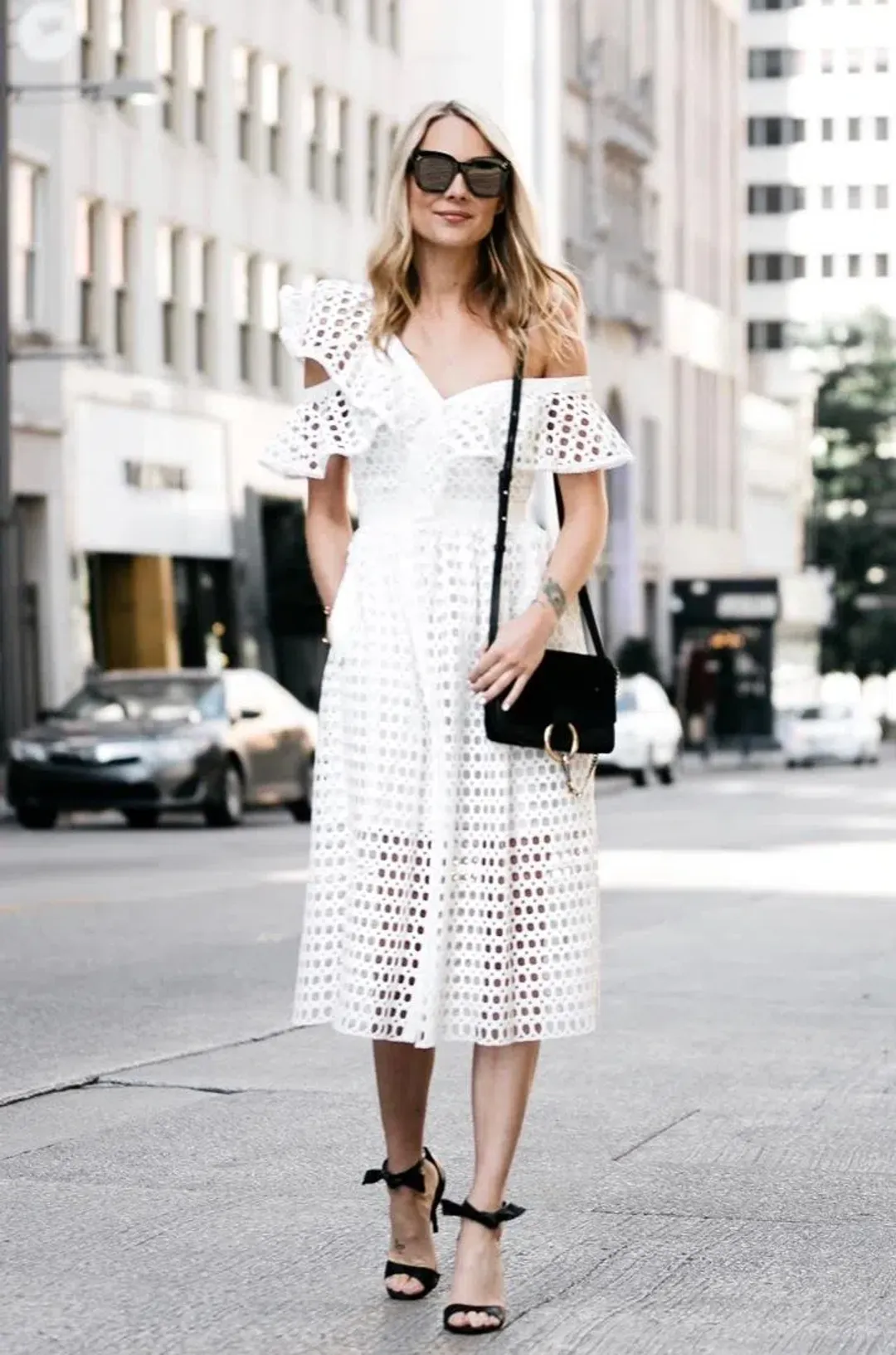 Self Portrait Asymmetric Ruffle Off the Shoulder Dress White Size 14 for rent on The Volte - main image