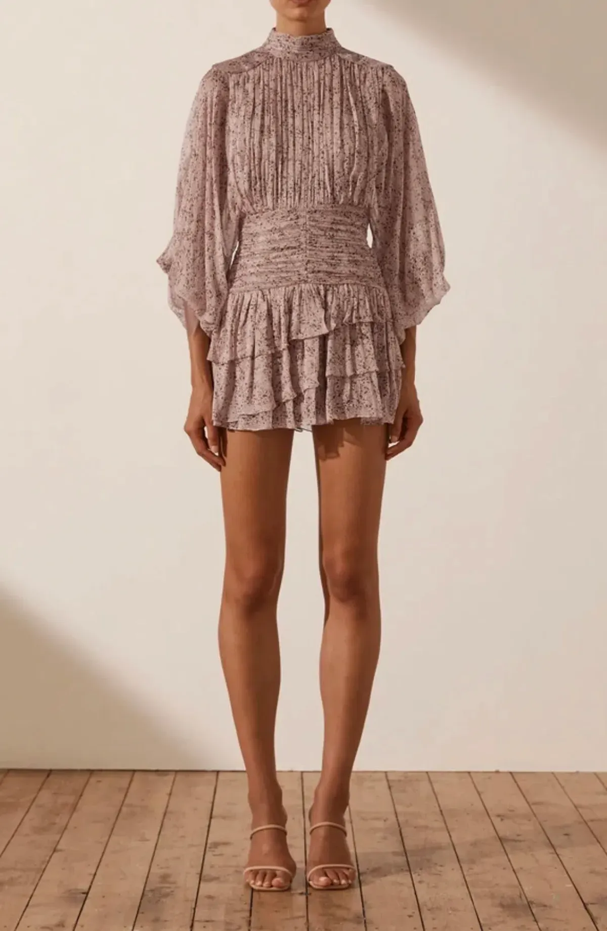 Shona Joy Paulette Long Sleeve Ruched Mini Dress Rose Dust Size 10 for rent on The Volte - main image