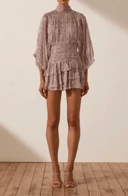 Shona Joy Paulette Long Sleeve Ruched Mini Dress Rose Dust Size 10 for rent on The Volte - image 1