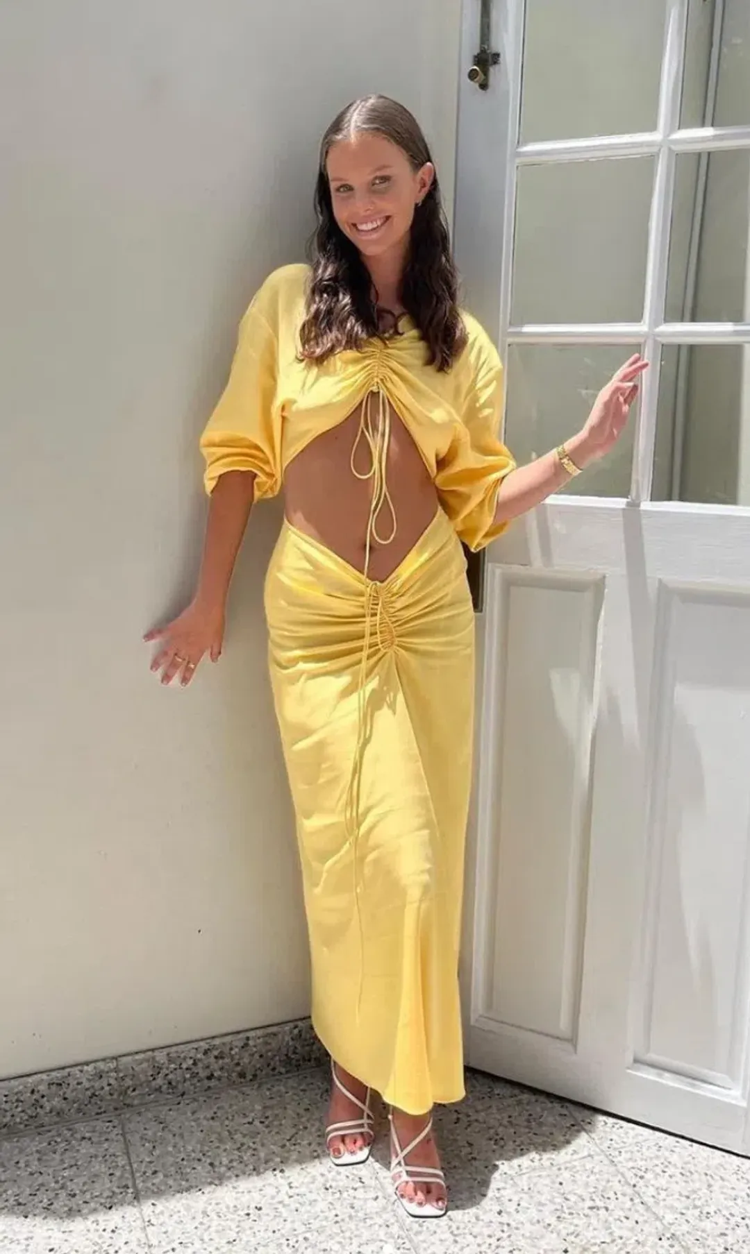 Christopher Esber Ruched Cutout Woven Maxi Dress Yellow Size 10 for rent on The Volte - main image