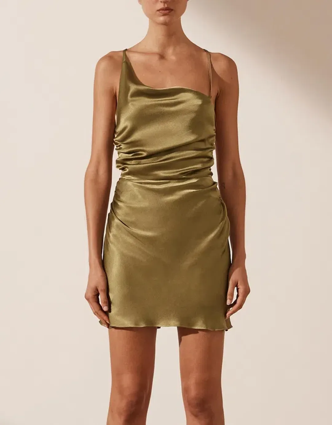 Shona Joy Alma Asymmetrical Bias Cowl Mini Dress Green Size 8 for rent on The Volte - main image