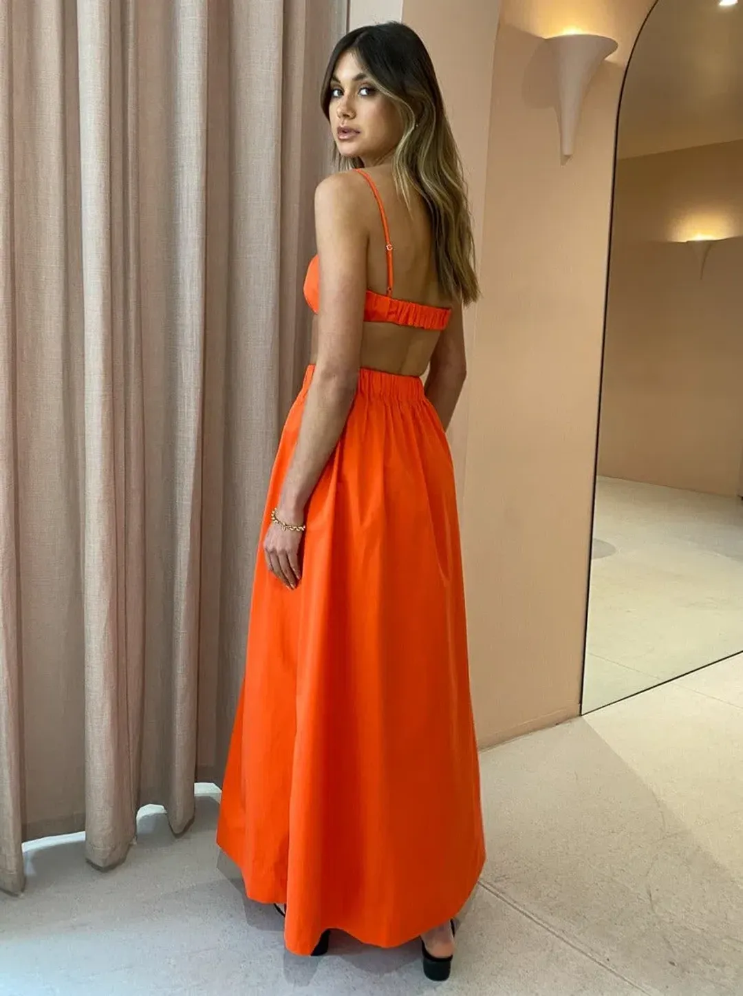 Sir the Label Anja Tucked Bralette Top Size 1 and Skirt Size 0 Set in Mandarin Red for rent on The Volte - main image